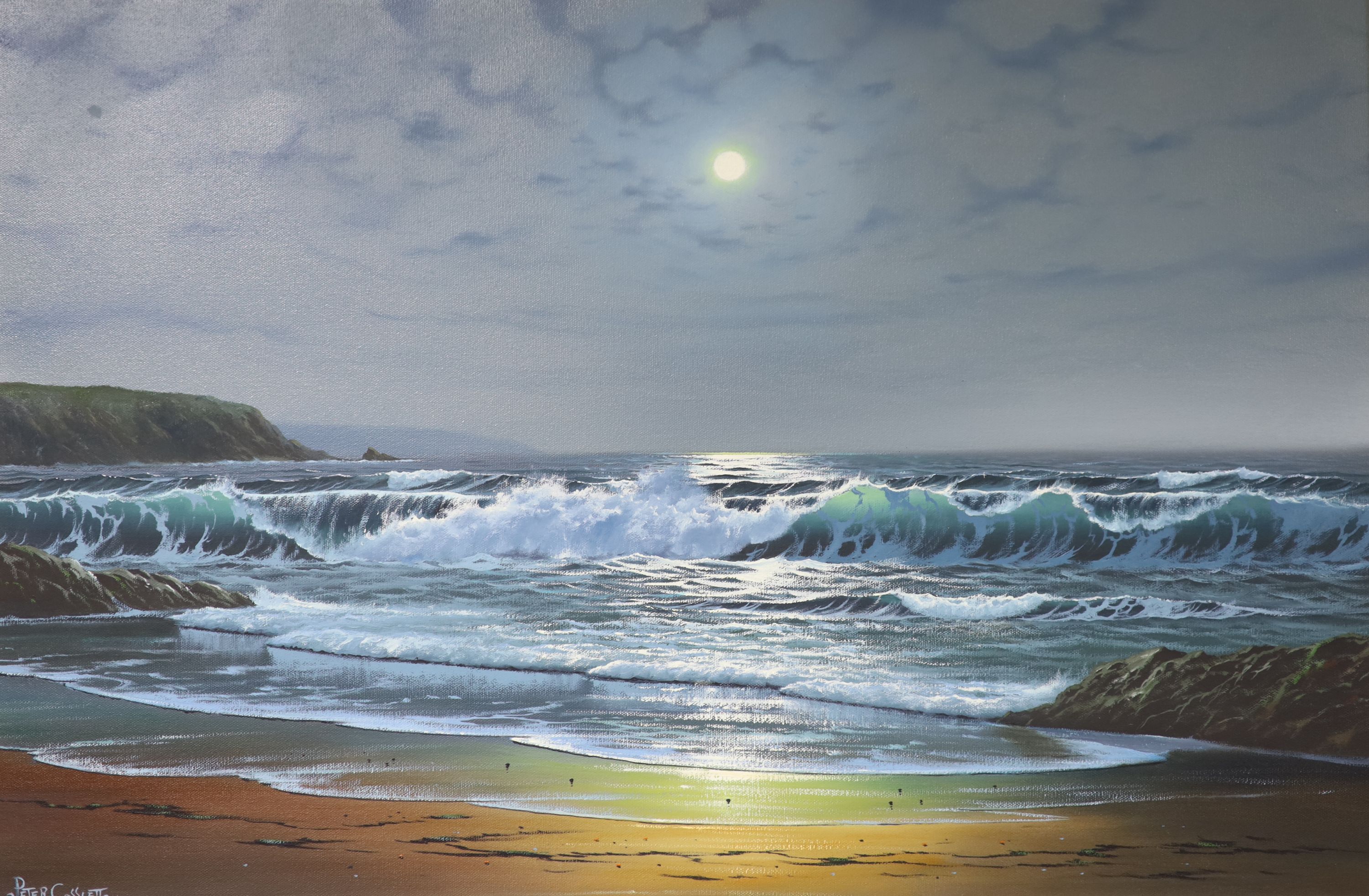 Peter Cosslett (1927-), oil on canvas, Waves breaking on the shore under moonlight, signed, 50 x 75cm